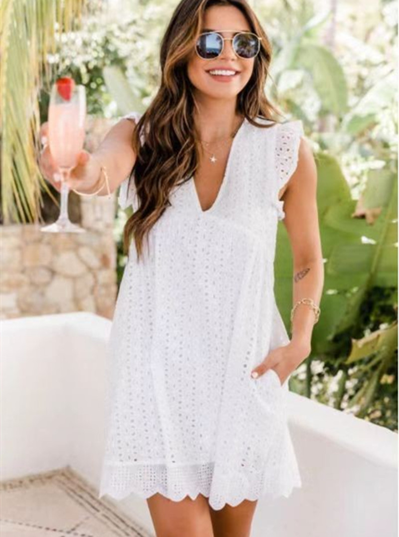 Lace Pocket Babydoll Dress – Casual Summer V-Neck Mini Dress for Women