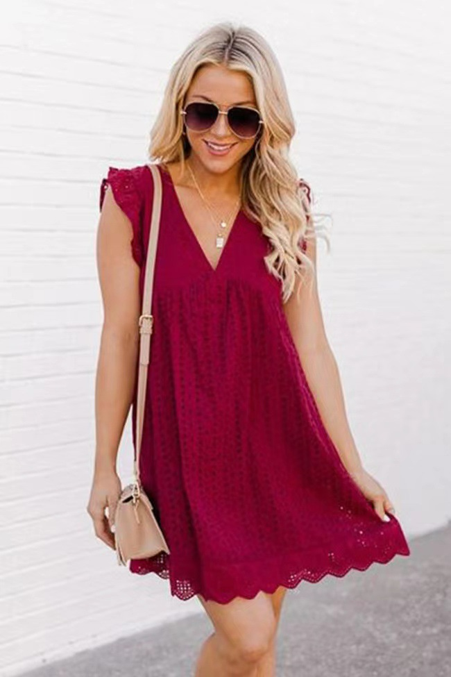 Lace Pocket Babydoll Dress – Casual Summer V-Neck Mini Dress for Women