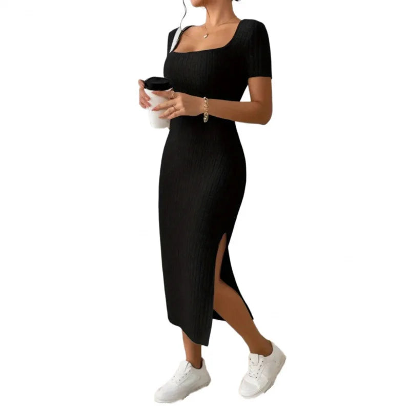 Women’s Elegant Ribbed Midi Dress – Square Neck Summer Bodycon Dress with Side Slit