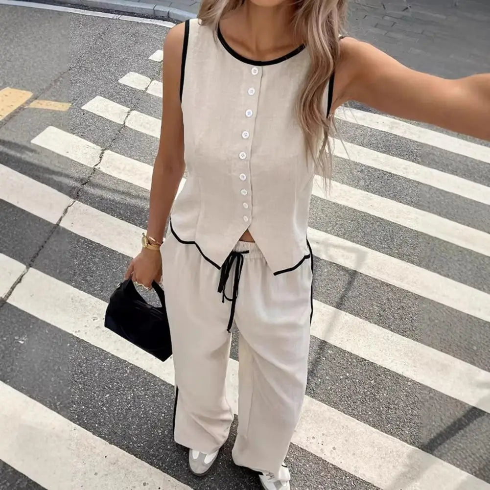 Women’s Linen Blend 2-Piece Set – Sleeveless Button Vest & Wide Leg Pants