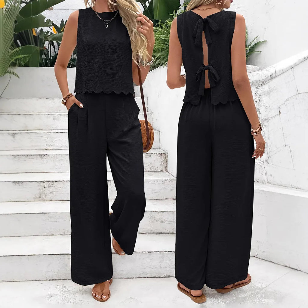 Women’s Elegant Scallop Trim 2-Piece Lounge Set – Sleeveless Tank Top & Wide Leg Pants