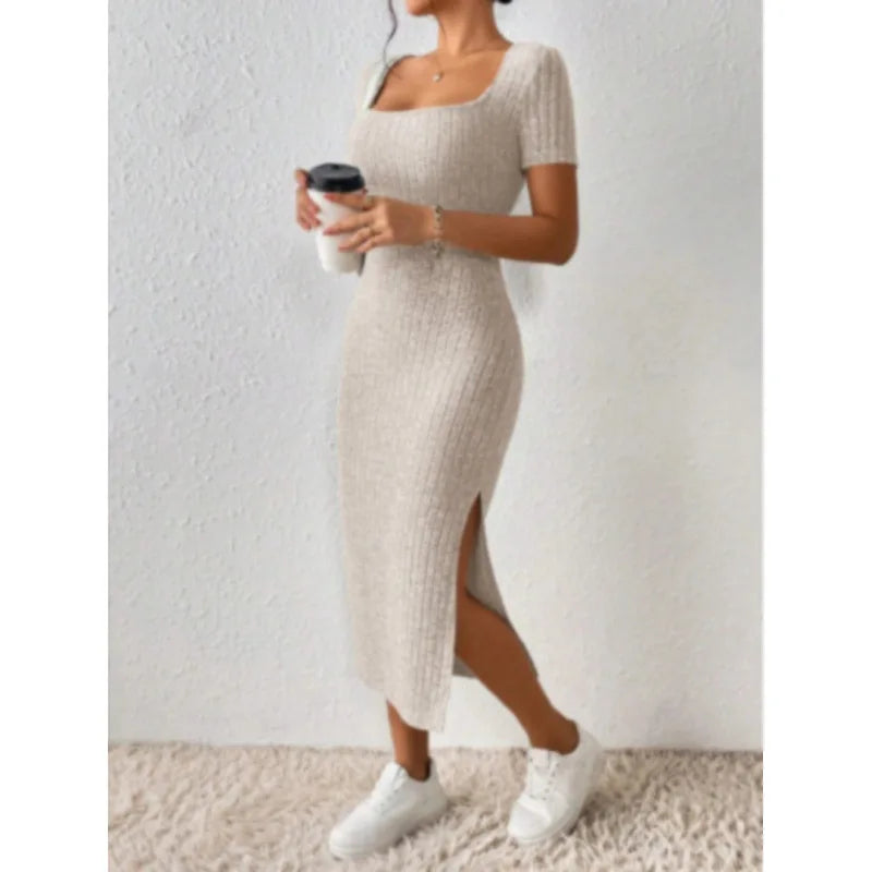 Women’s Elegant Ribbed Midi Dress – Square Neck Summer Bodycon Dress with Side Slit