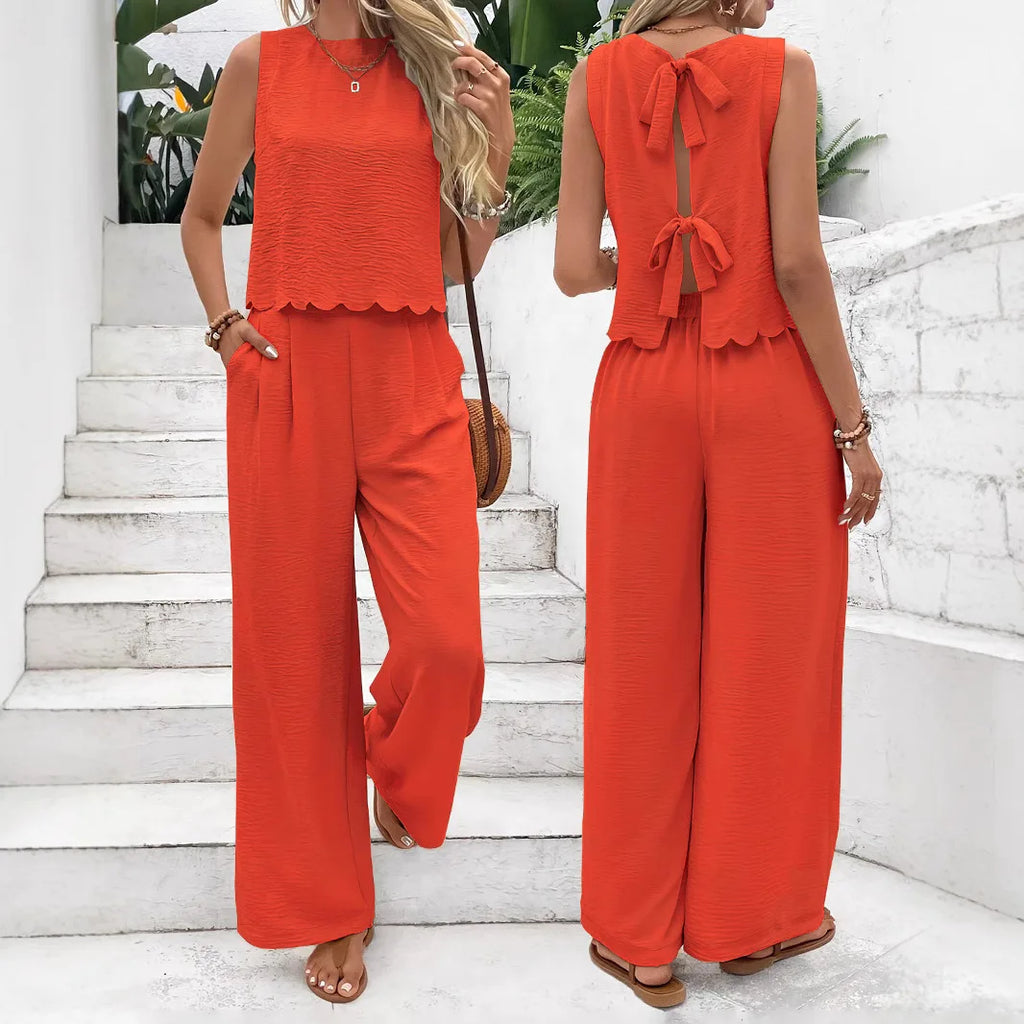 Women’s Elegant Scallop Trim 2-Piece Lounge Set – Sleeveless Tank Top & Wide Leg Pants