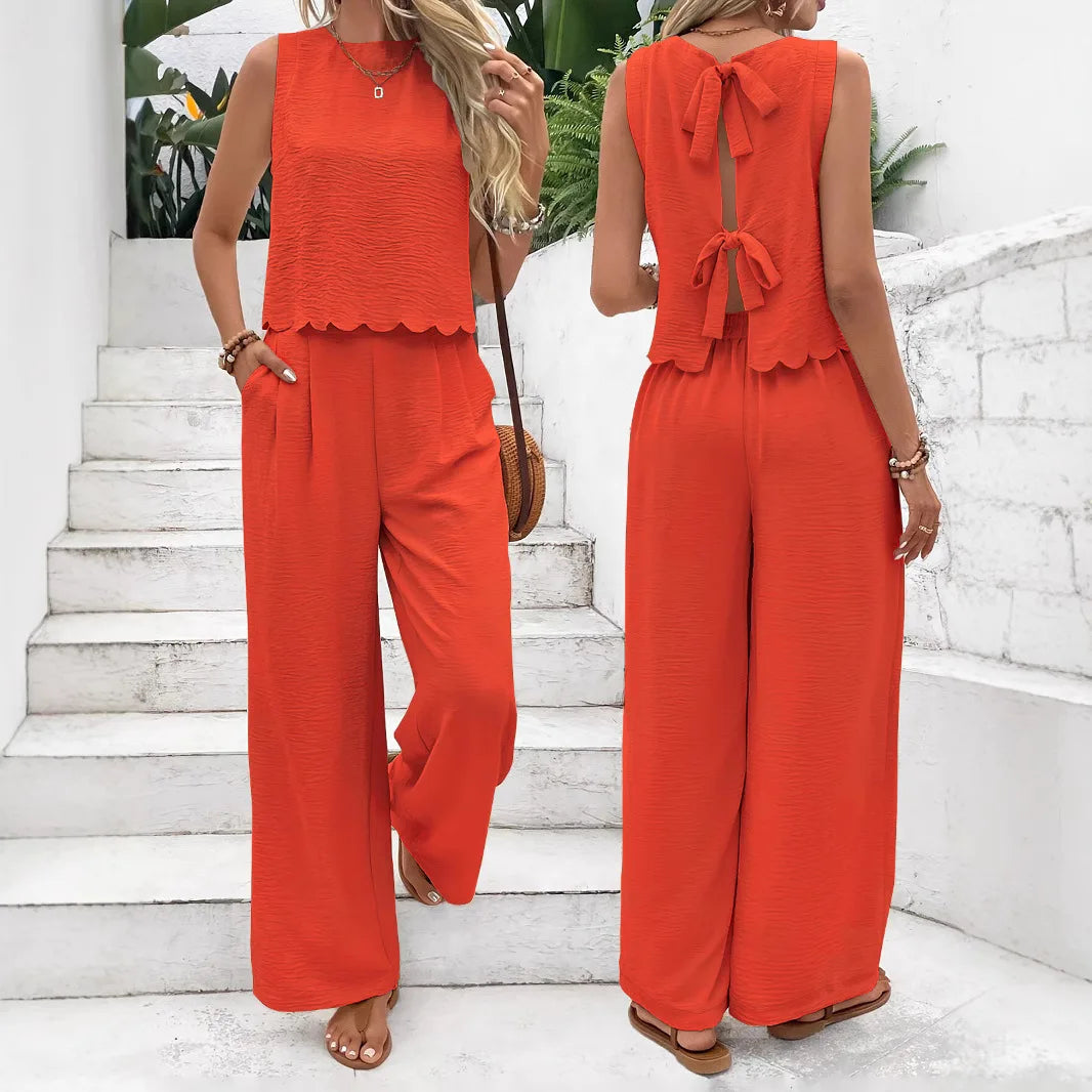 Women’s Elegant Scallop Trim 2-Piece Lounge Set – Sleeveless Tank Top & Wide Leg Pants