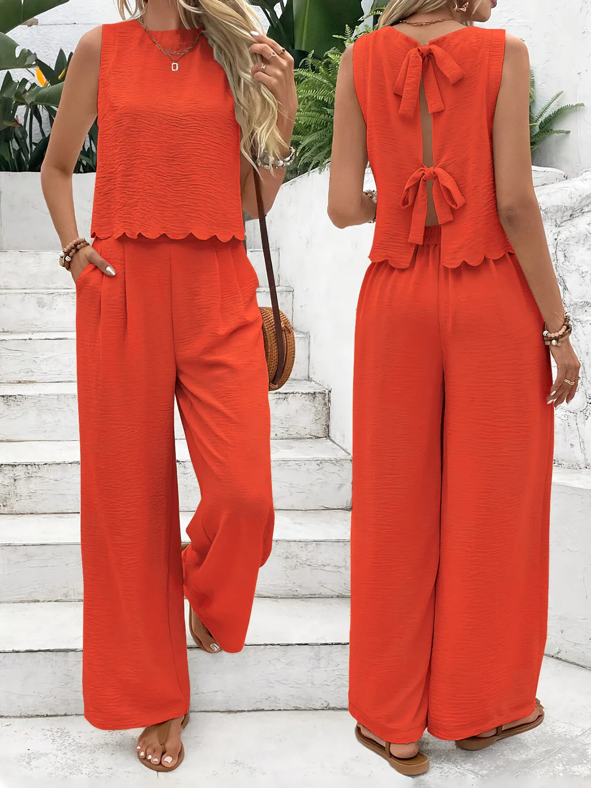 Women’s Elegant Scallop Trim 2-Piece Lounge Set – Sleeveless Tank Top & Wide Leg Pants
