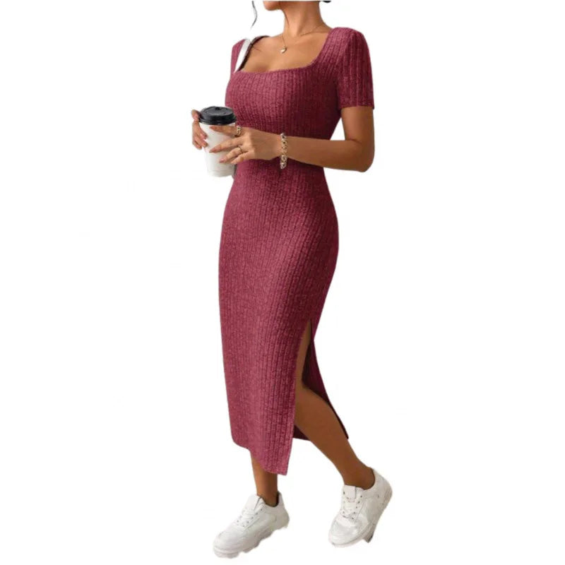 Women’s Elegant Ribbed Midi Dress – Square Neck Summer Bodycon Dress with Side Slit