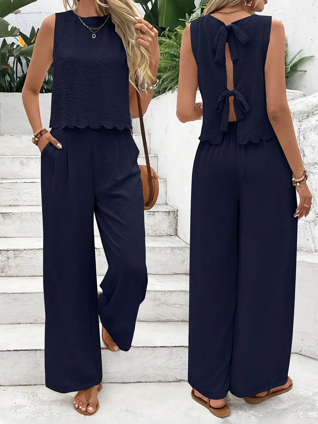 Women’s Elegant Scallop Trim 2-Piece Lounge Set – Sleeveless Tank Top & Wide Leg Pants