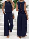 Women’s Elegant Scallop Trim 2-Piece Lounge Set – Sleeveless Tank Top & Wide Leg Pants