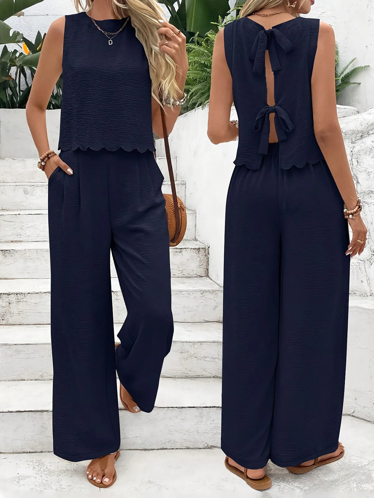 Women’s Elegant Scallop Trim 2-Piece Lounge Set – Sleeveless Tank Top & Wide Leg Pants