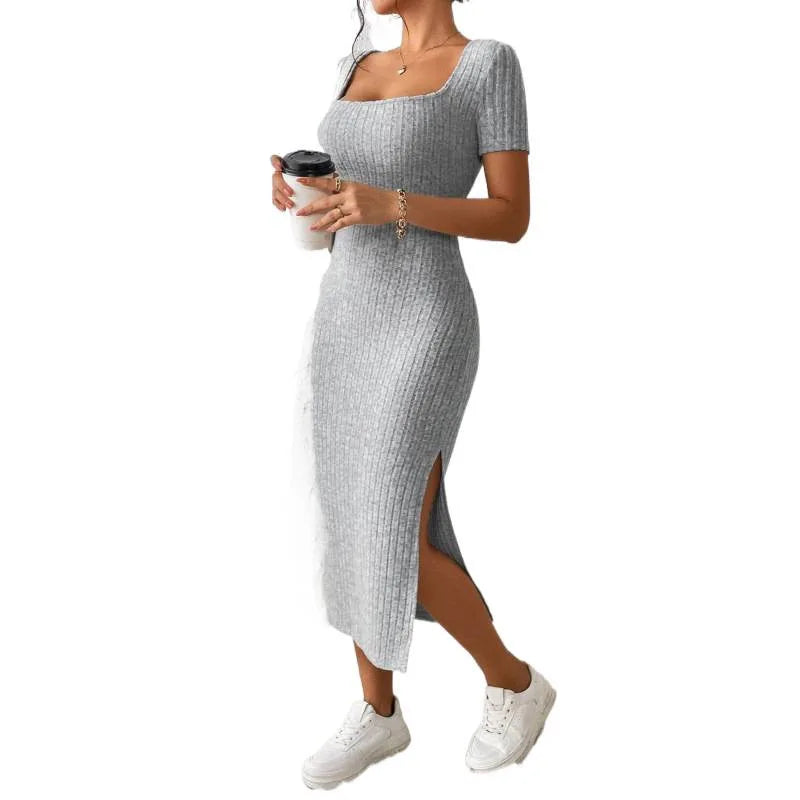Women’s Elegant Ribbed Midi Dress – Square Neck Summer Bodycon Dress with Side Slit