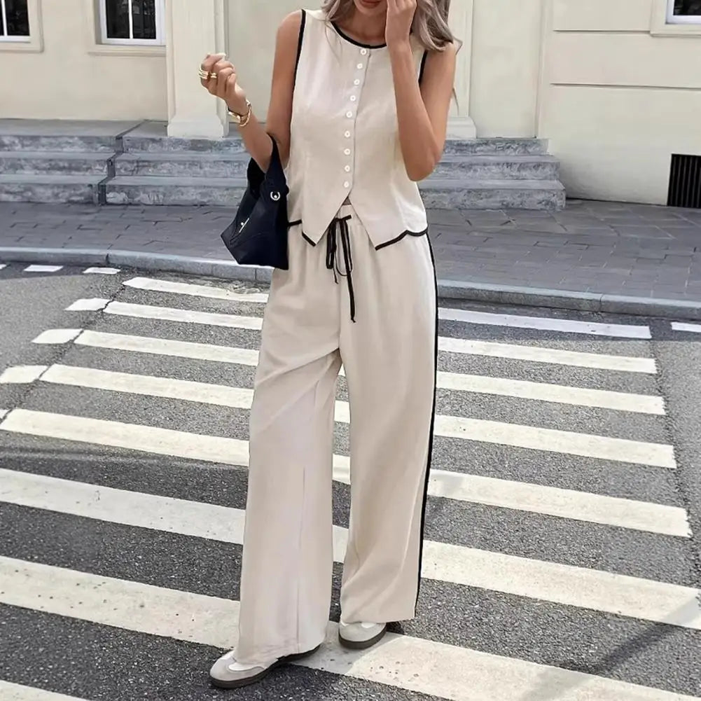 Women’s Linen Blend 2-Piece Set – Sleeveless Button Vest & Wide Leg Pants