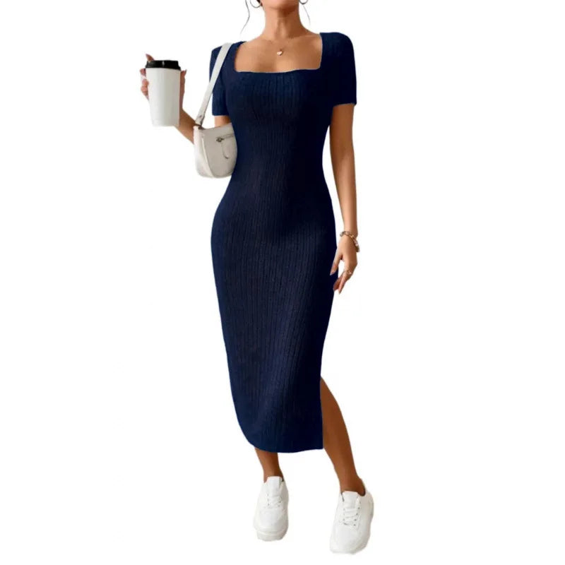 Women’s Elegant Ribbed Midi Dress – Square Neck Summer Bodycon Dress with Side Slit