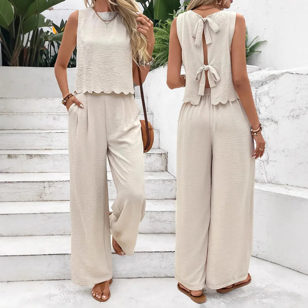 Women’s Elegant Scallop Trim 2-Piece Lounge Set – Sleeveless Tank Top & Wide Leg Pants