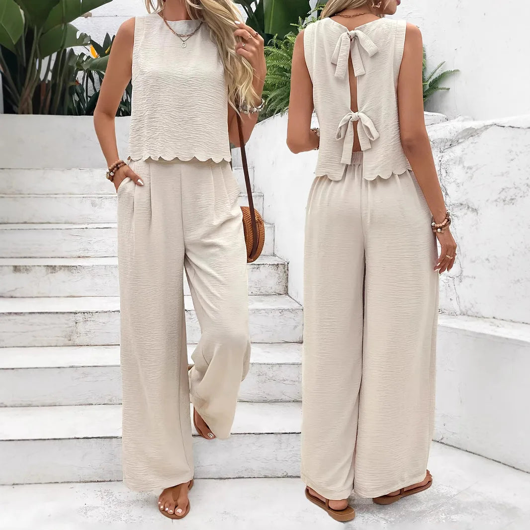 Women’s Elegant Scallop Trim 2-Piece Lounge Set – Sleeveless Tank Top & Wide Leg Pants