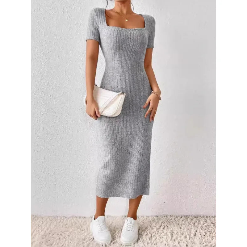 Women’s Elegant Ribbed Midi Dress – Square Neck Summer Bodycon Dress with Side Slit