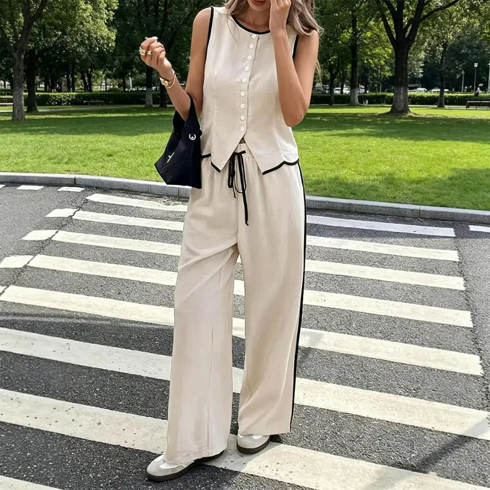 Women’s Linen Blend 2-Piece Set – Sleeveless Button Vest & Wide Leg Pants