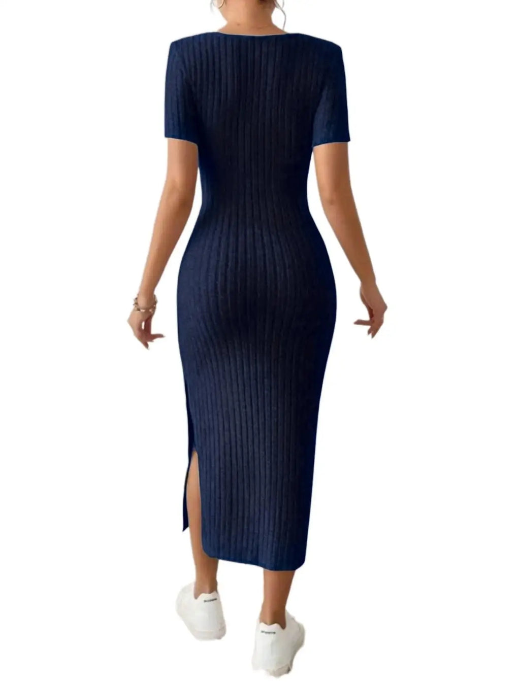 Women’s Elegant Ribbed Midi Dress – Square Neck Summer Bodycon Dress with Side Slit
