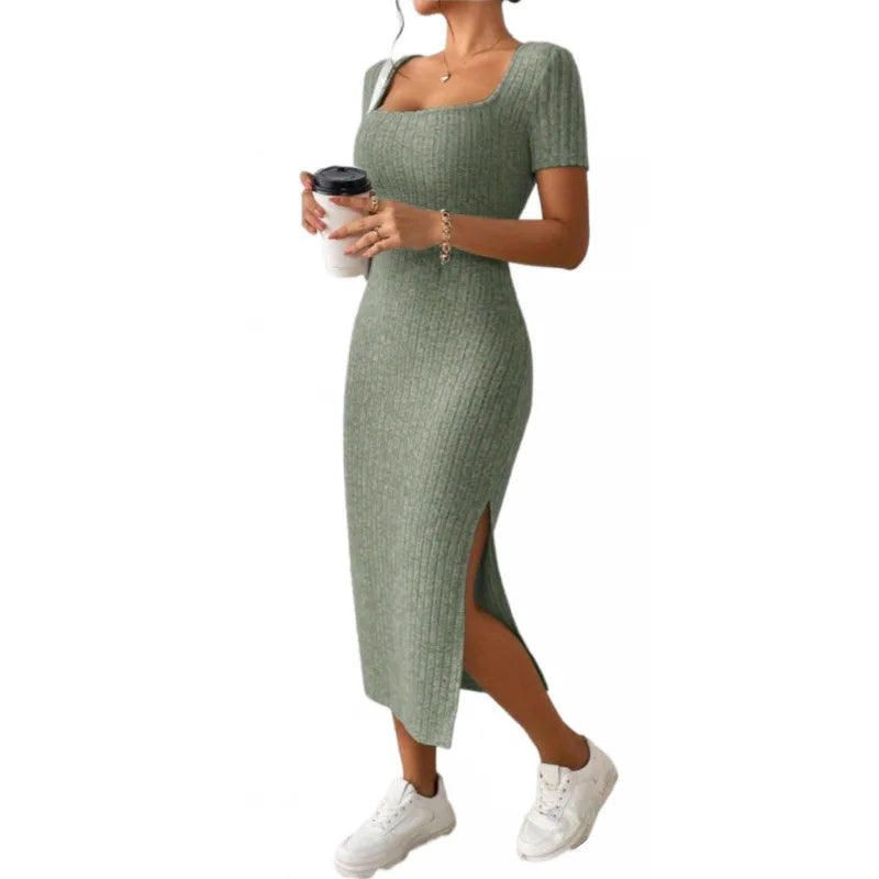 Women’s Elegant Ribbed Midi Dress – Square Neck Summer Bodycon Dress with Side Slit