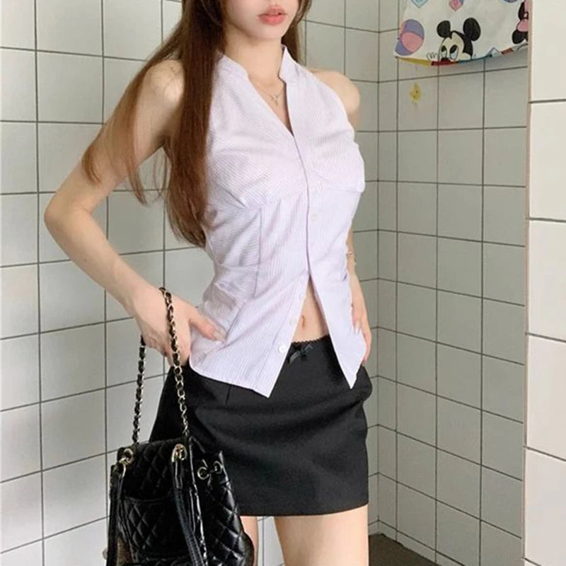 Women’s Asymmetrical Sleeveless Button Vest Top