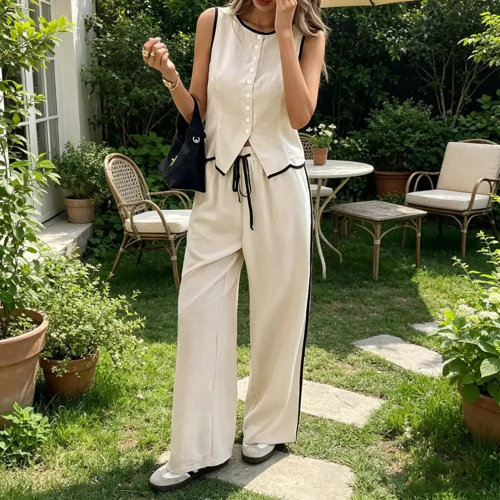 Women’s Linen Blend 2-Piece Set – Sleeveless Button Vest & Wide Leg Pants