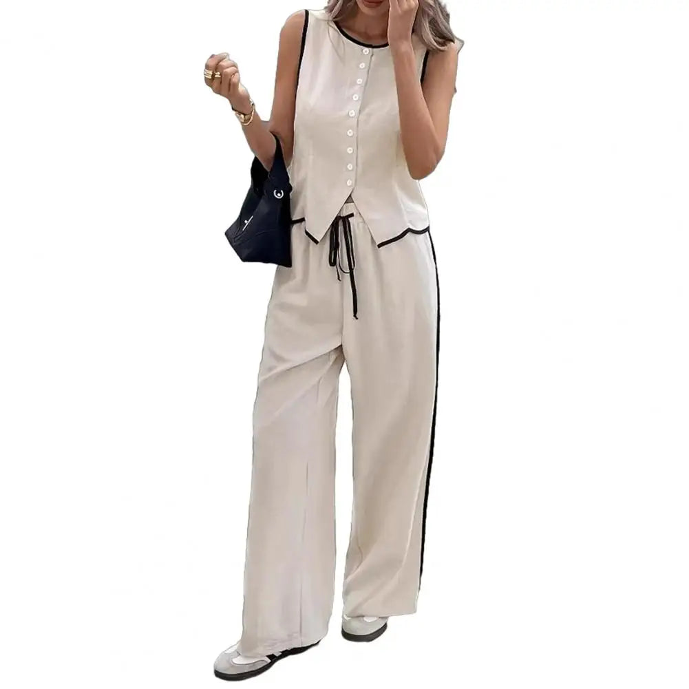 Women’s Linen Blend 2-Piece Set – Sleeveless Button Vest & Wide Leg Pants