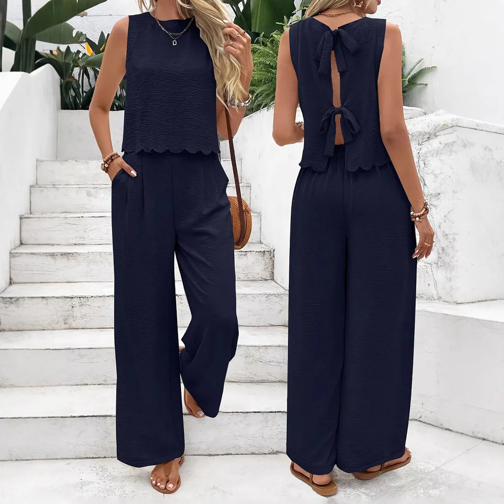Women’s Elegant Scallop Trim 2-Piece Lounge Set – Sleeveless Tank Top & Wide Leg Pants