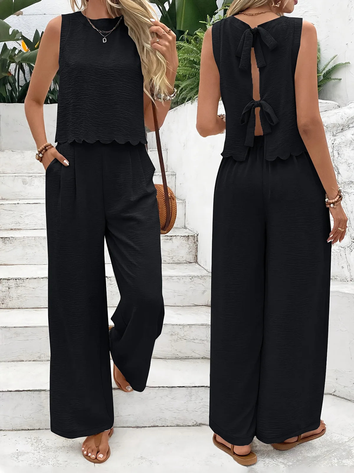 Women’s Elegant Scallop Trim 2-Piece Lounge Set – Sleeveless Tank Top & Wide Leg Pants