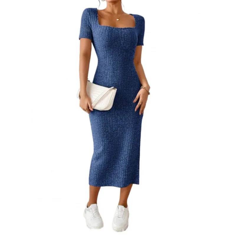 Women’s Elegant Ribbed Midi Dress – Square Neck Summer Bodycon Dress with Side Slit