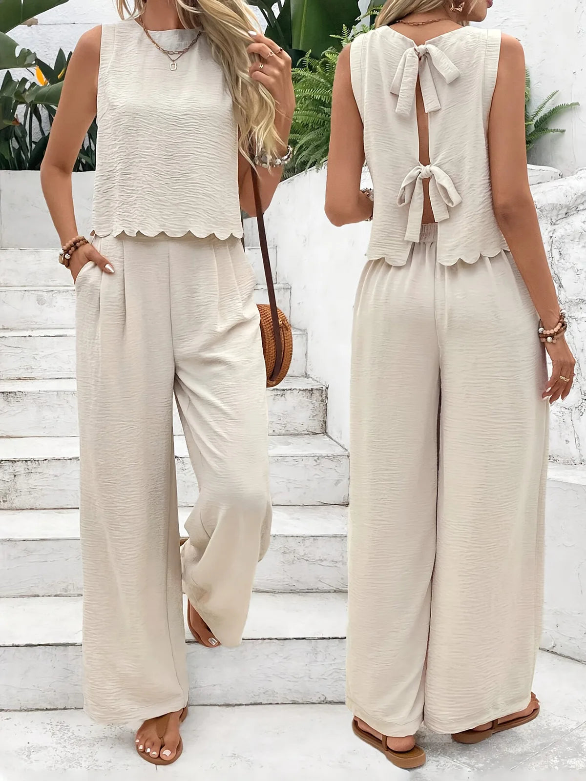 Women’s Elegant Scallop Trim 2-Piece Lounge Set – Sleeveless Tank Top & Wide Leg Pants