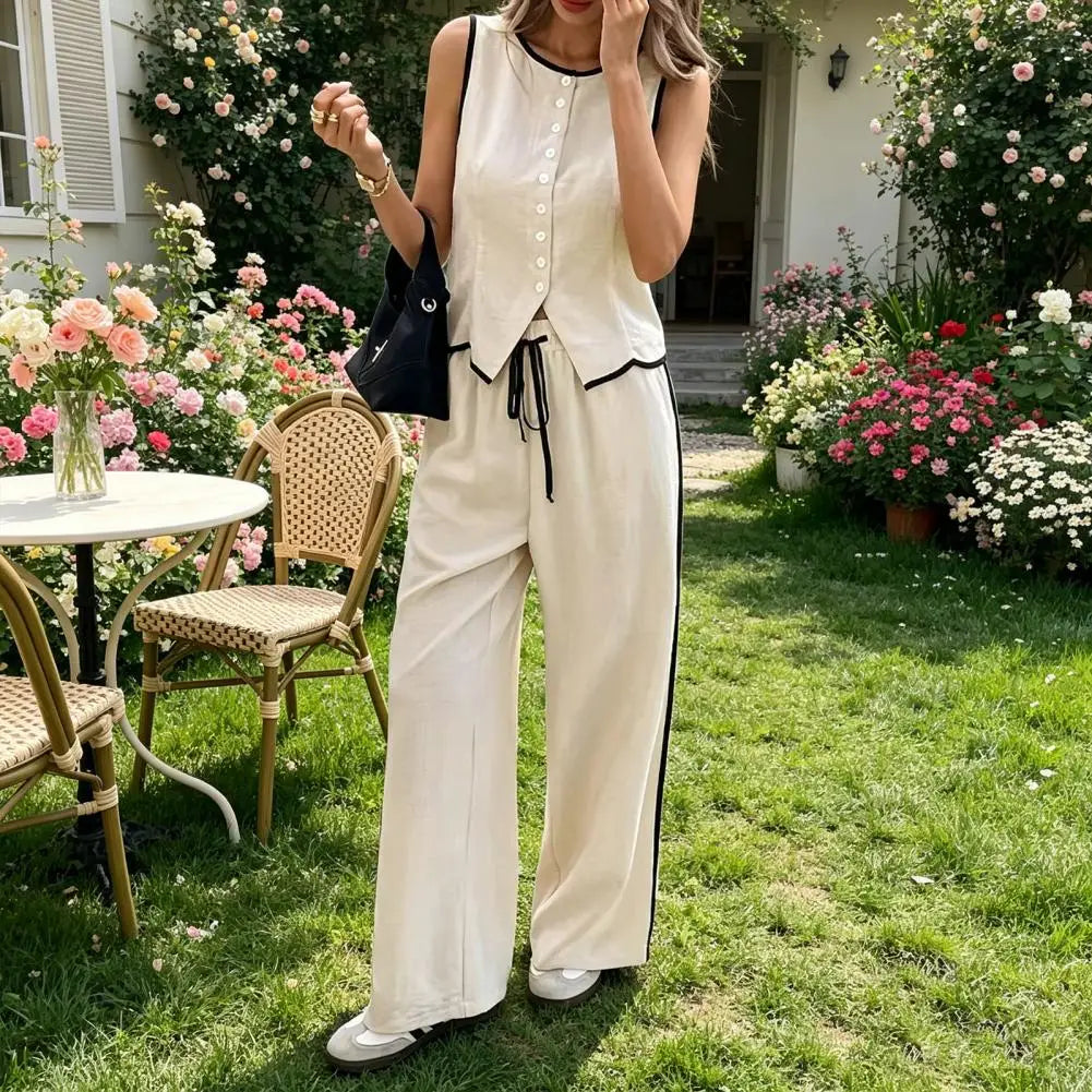 Women’s Linen Blend 2-Piece Set – Sleeveless Button Vest & Wide Leg Pants