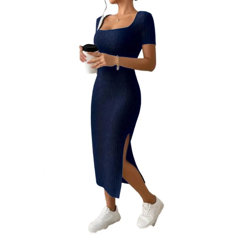 Women’s Elegant Ribbed Midi Dress – Square Neck Summer Bodycon Dress with Side Slit