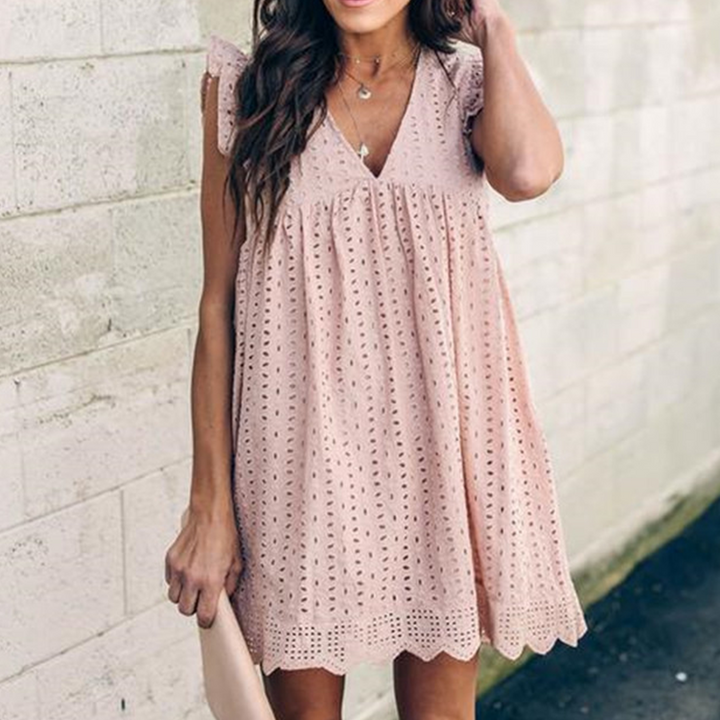 Lace Pocket Babydoll Dress – Casual Summer V-Neck Mini Dress for Women